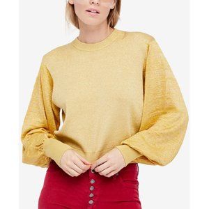 Free People Women's Sz. M Gold Metallic Let It Shine Balloon-Sleeve Sweater